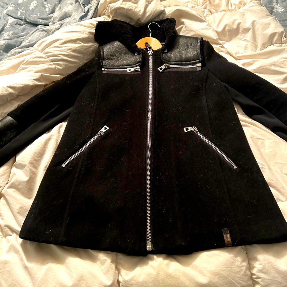 RUDSAK Black Wool Blend Pea Coat with Leather Trim